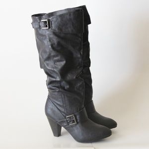 Brown Slouch Tall Below Knee High Heel Boots